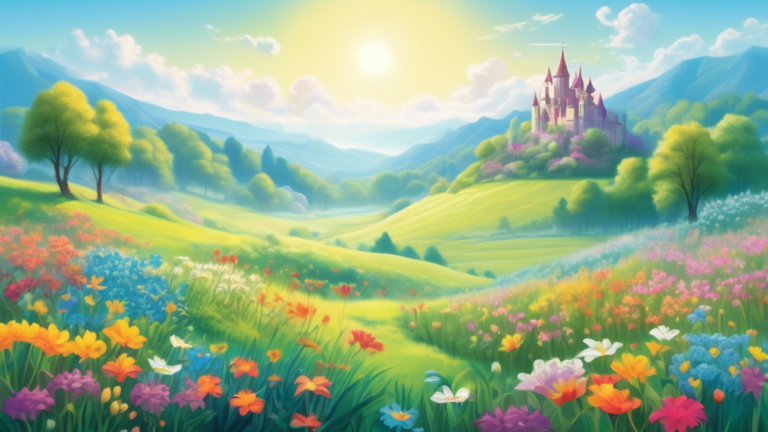 An enchanting landscape depicting a lush, vibrant spring meadow under a clear blue sky, with a variety of flowers in full bloom, trees sprouting new leaves, and a distant castle partially visible thro