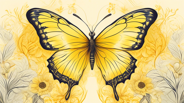 Create a detailed illustration of a vibrant yellow butterfly set against a serene natural background. Incorporate subtle biblical symbols such as a cross hidden in the butterfly's wing patterns, and a