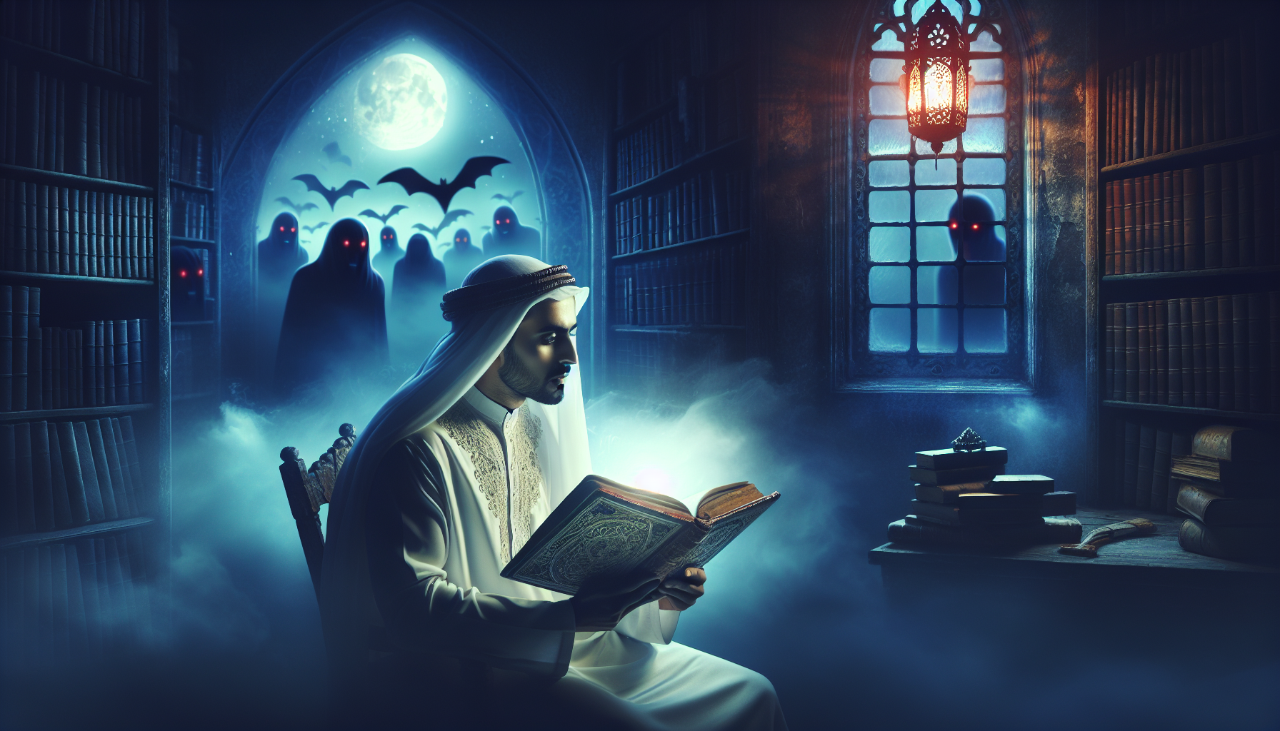 A surreal dreamscape where a person is sitting in a misty, Gothic library, reading a vintage book about vampires under the soft glow of a moonlit window, with shadowy vampire-like figures lurking subt