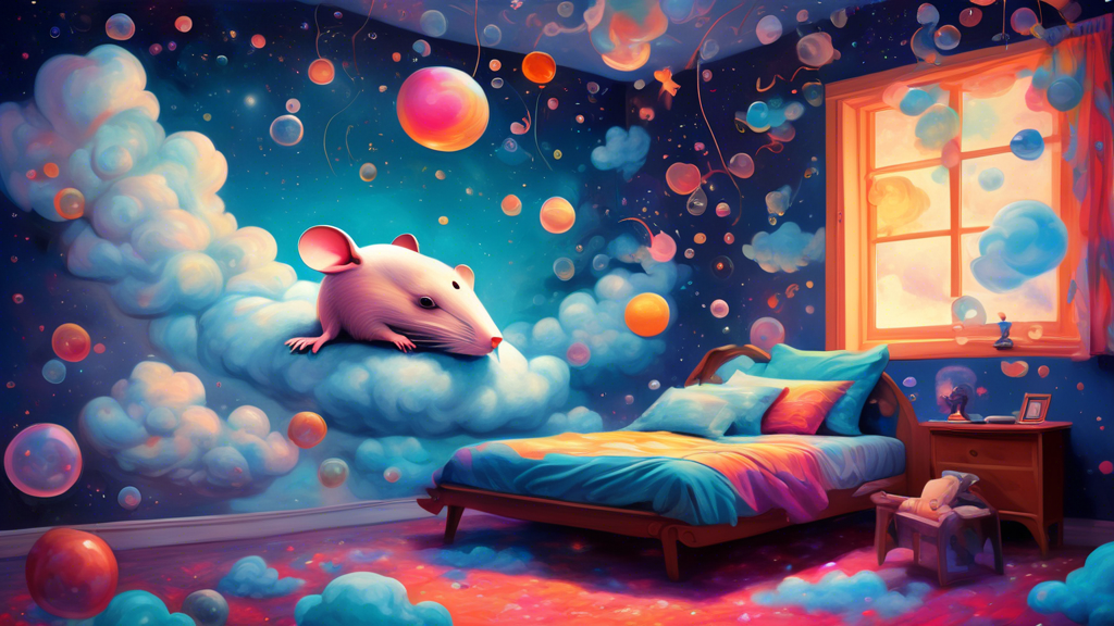 A surreal, vividly colored painting of a giant mouse made of clouds floating over a sleeping person in a peaceful, moonlit bedroom, with whimsical elements like stars and dream bubbles scattered aroun