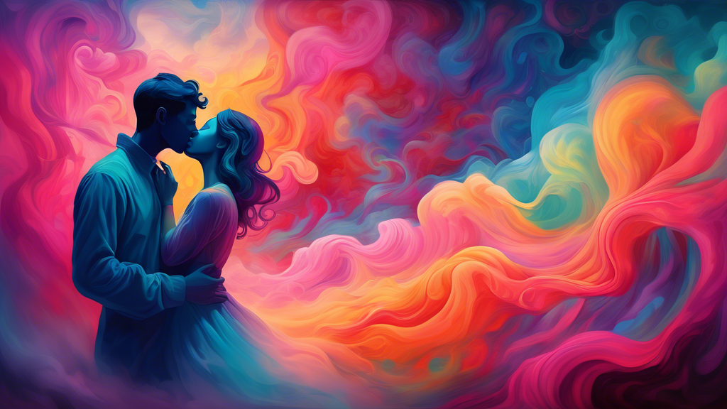 A surreal dreamscape depicting a person kissing a shadowy, ethereal figure amidst swirling mists and vibrant, dream-like colors.
