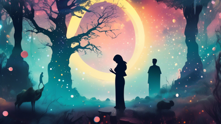 A surreal, dreamlike digital artwork depicting a mysterious marriage proposal scene: A silhouette of a stranger standing in a misty, ethereal forest, extending a glowing, magical ring towards a bewild