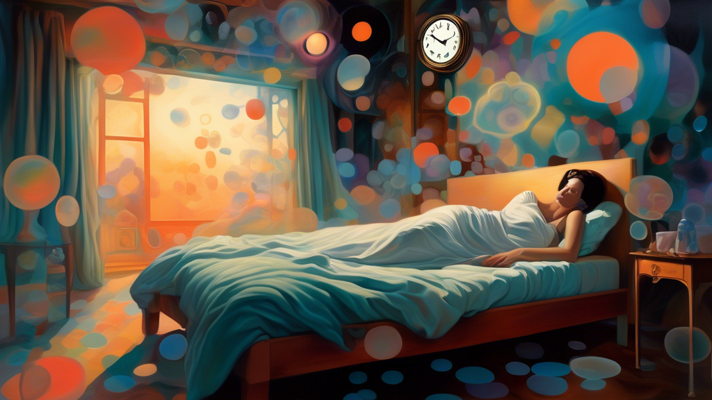 A surreal, dream-like painting depicting a woman asleep in bed, with translucent thought bubbles containing abstract and slightly ominous images of a shadowy figure and a clock, set in a softly lit, e