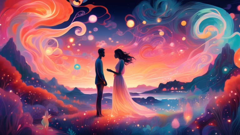 An ethereal landscape at twilight where a woman is depicted having a vivid conversation with a translucent figure of her boyfriend, surrounded by swirling dream-like symbols and soft glowing lights.