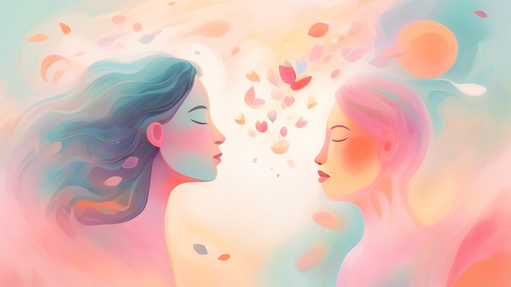 Abstract representation of a person dreaming about kissing a friend, featuring surreal, dreamlike imagery with soft colors and gentle lighting, set in a whimsical, slightly blurred landscape that symb