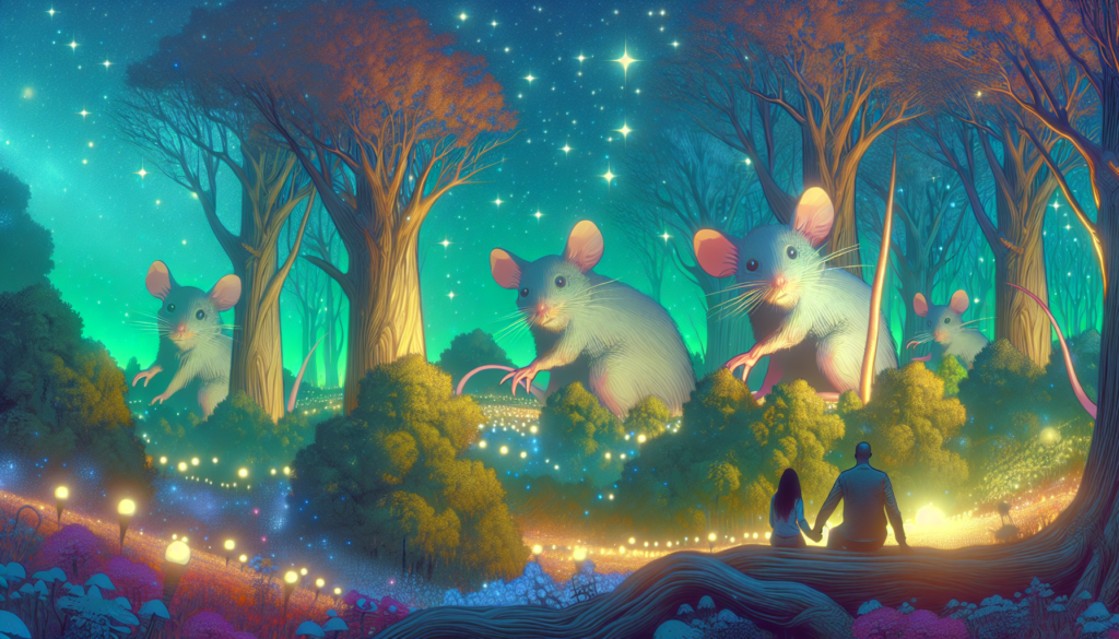 A surreal dreamscape with giant gentle mice interacting with humans in a serene, ethereal forest under a starlit sky.