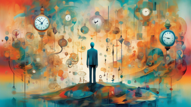 Abstract representation of a person deciphering a dream, with a translucent figure standing in front of them, amidst a surreal, dreamlike landscape filled with symbols and floating clocks.