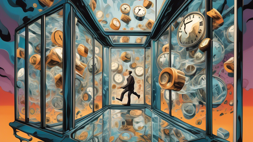 A surreal, dream-like scene depicting a person falling inside a transparent elevator surrounded by clocks with melting faces in a distorted, Escher-esque architectural environment.