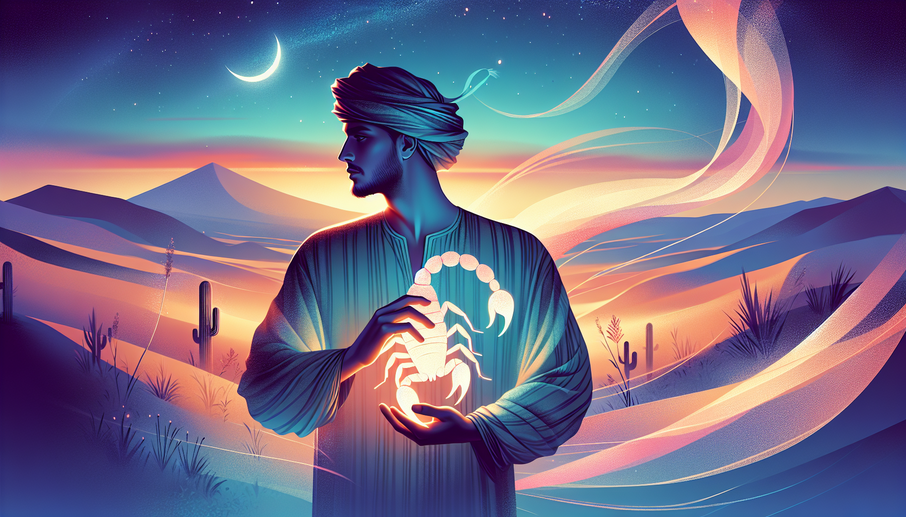 Create an ethereal, dream-like digital painting of a person in a serene desert landscape at twilight, symbolically holding a glowing scorpion in their hands, with gentle expressions of determination a