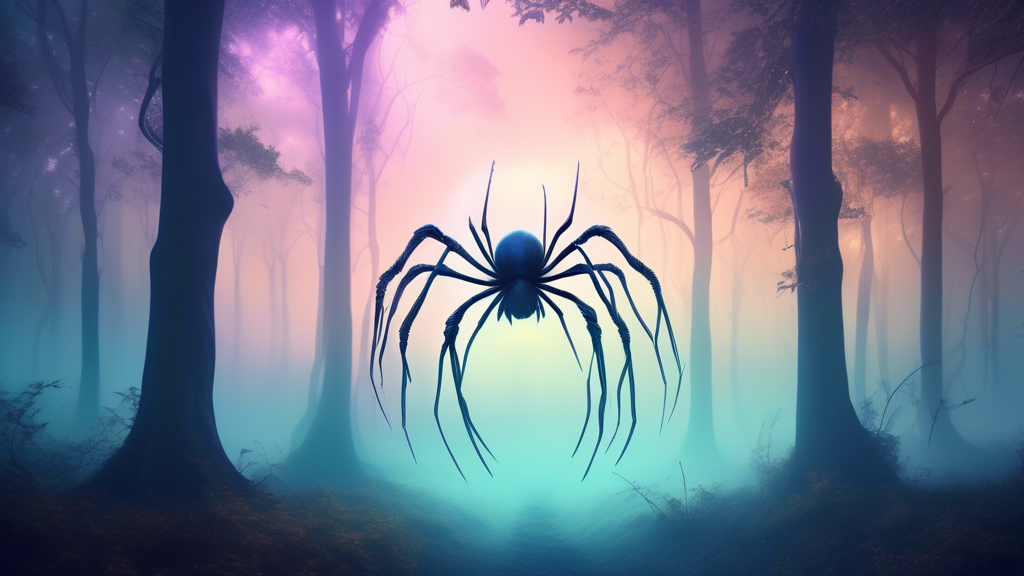 A surreal dreamscape with a giant, translucent spider suspended in a misty forest at twilight, with dreamy, soft-focused ethereal colors and moonlight filtering through the trees, casting delicate sha