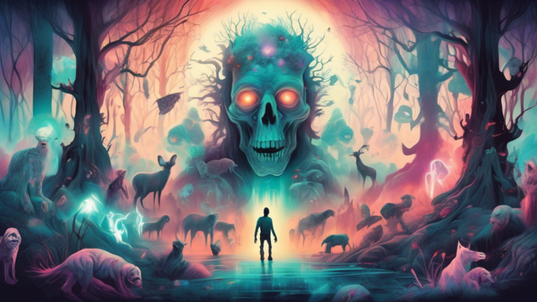 Create an artistic interpretation of a surreal dreamscape featuring a zombie, enveloped in a misty, ethereal forest with glowing spirit animals and ancient symbols floating around, highlighting the my
