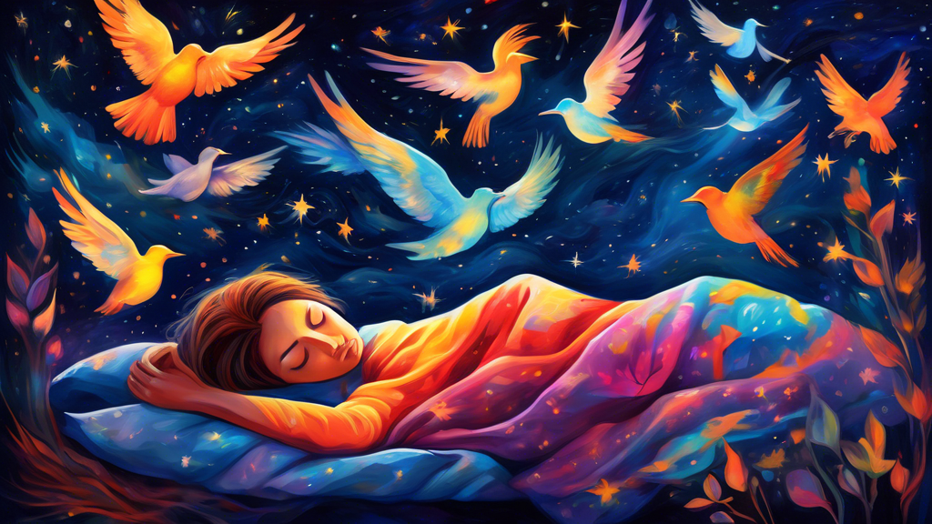 A vibrant painting of a person sleeping peacefully under a starry night sky, with various ethereal birds of different species and colors gently flying above and illuminating the scene with soft, glowi