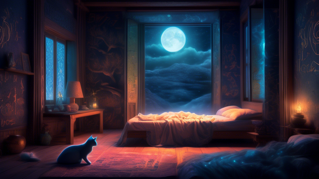 A mystical and serene bedroom setting at night, with soft moonlight filtering through a window, highlighting a dream sequence where a translucent, ethereal cat gently bites a peacefully sleeping perso