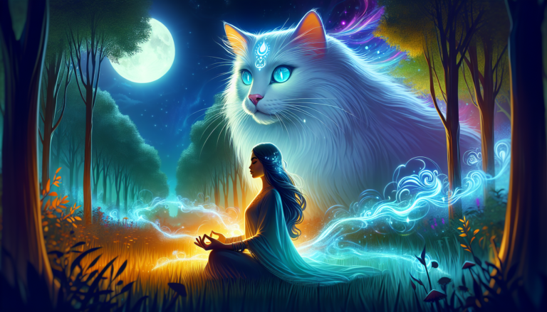An enchanting digital artwork illustrating a mystical cat with glowing eyes, enveloped in a shimmering aura, staring intently at a human meditating in a serene, moonlit forest clearing, surrounded by