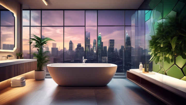 An ultra-modern bathroom with large, floor-to-ceiling windows showcasing a breathtaking city view. The interior includes a sleek, freestanding bathtub, green plants, trendy geometric tiles, and ambien