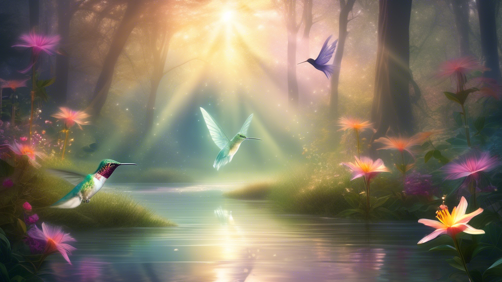An ethereal forest glade at dawn, mist hovering above a sparkling stream, with a shimmering hummingbird hovering beside a single blooming flower, rays of sunlight casting a mystical glow on the scene,