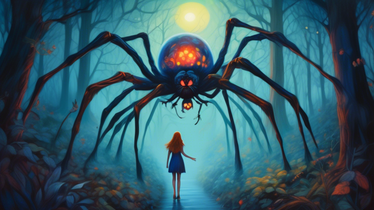 An ethereal, slightly surreal painting of a massive, detailed spider gently chasing a young woman through a foggy, whimsical forest at night, both illuminated by a soft, mystical moonlight.