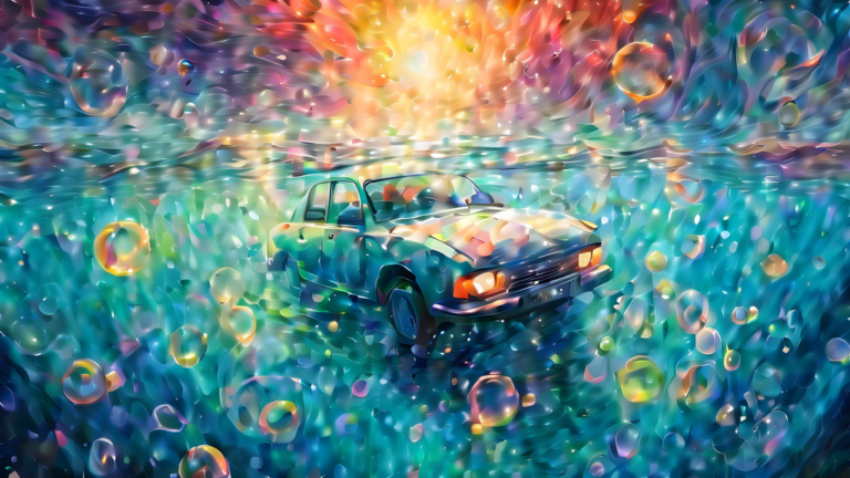 An ethereal and surreal painting of a person swimming away from a sinking car in a vast, luminous underwater landscape, surrounded by bubbles and beams of light filtering through the water, reflecting