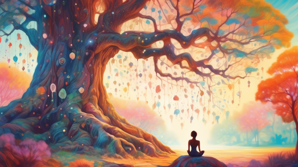 An ethereal dreamscape painting showing a person peacefully sitting under a gigantic ancient tree on a sunny day, gently removing tiny ticks from their arms, surrounded by soft, glowing symbols of hea