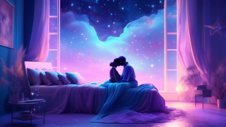 Create an ethereal, surreal bedroom scene under a starlit sky, with a translucent, dreamlike figure leaning over to gently kiss the forehead of a peacefully sleeping person. Use soft blues and purples