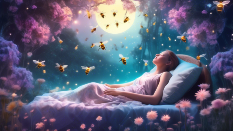 An ethereal, dream-like scene with a person peacefully sleeping under a gentle moonlight, surrounded by translucent, glowing bees buzzing softly, set in a serene, mystical garden with blooming flowers