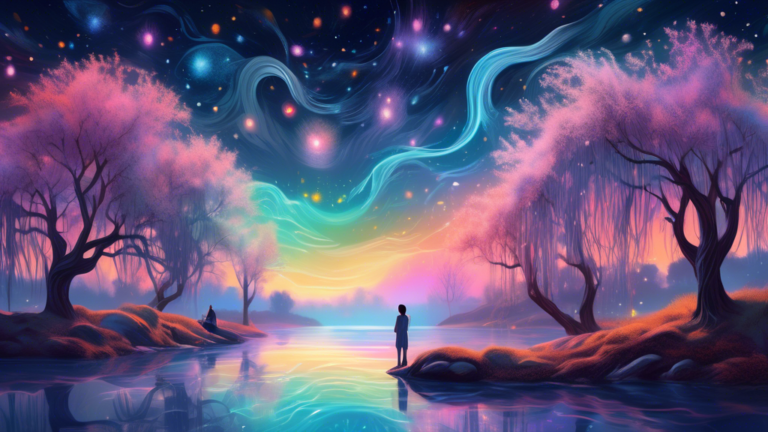 A serene dreamscape where a person is peacefully interacting with luminous, ethereal versions of their deceased relatives under a starlit sky, surrounded by soft, flowing willow trees and a gentle, gl