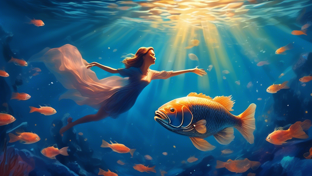 A surreal, dream-like underwater scene where a person, half-asleep and floating gently, reaches out to gently touch a shimmering, oversized fish that glows in the deep blue sea, surrounded by soft bea