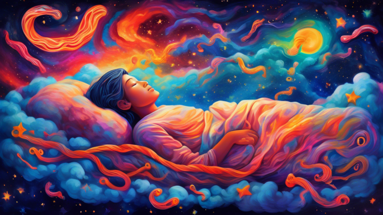 Dreamlike surreal painting of a person sleeping peacefully on a cloud, surrounded by whimsical, glowing worms weaving through the stars in a vibrant, colorful night sky.