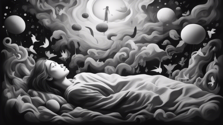 An artistic representation of a person sleeping peacefully in a black and white setting, with vague, dream-like figures and elements floating around, depicted in a soft, surreal style.