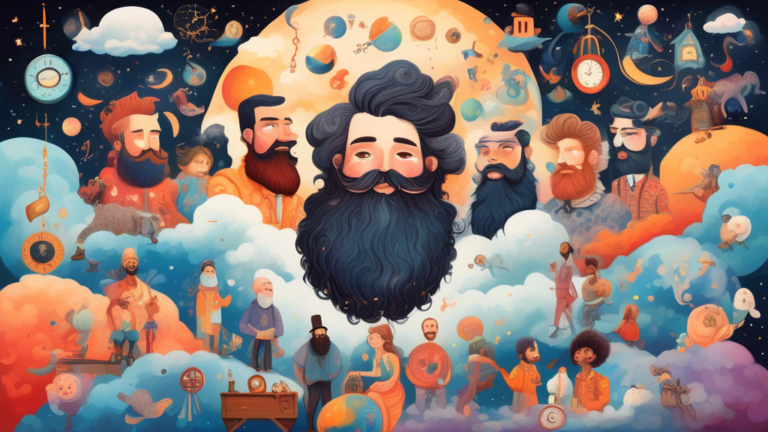 A whimsical dreamscape where a multitude of diverse people, each with uniquely styled beards, float on fluffy clouds amidst a starry sky, with various symbols like keys, clocks, and moons gently inter