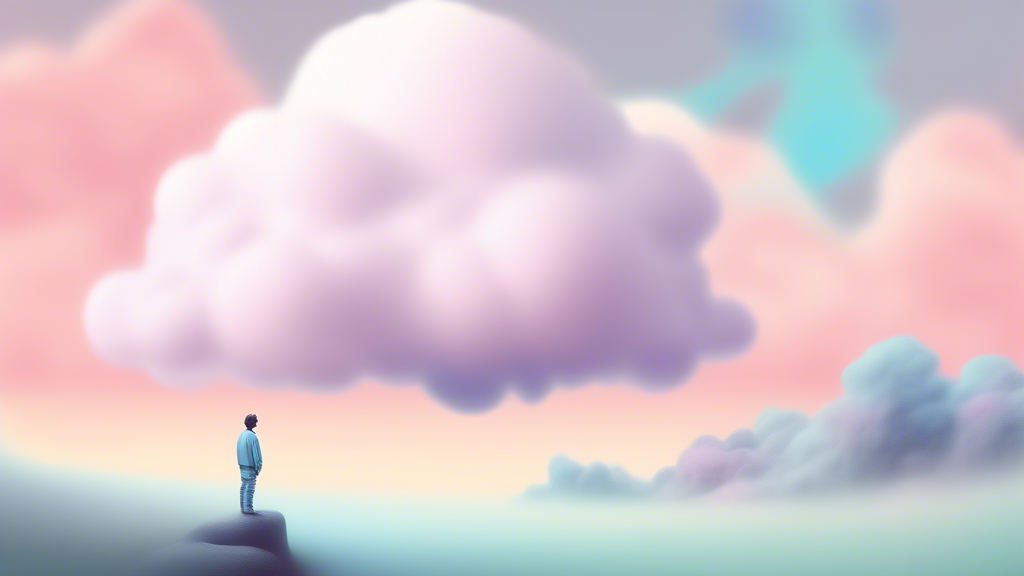 A surreal digital painting of a person dreaming, with a thought bubble depicting them being gently handcuffed by a humanoid cloud, in a soft, dreamlike landscape with pastel colors.