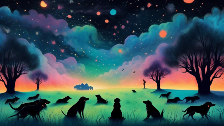 A serene, mystical landscape at night under a starry sky, with a person lying on the grass and dreaming, surrounded by several ethereal black dogs that seem to fade in and out of visibility, represent