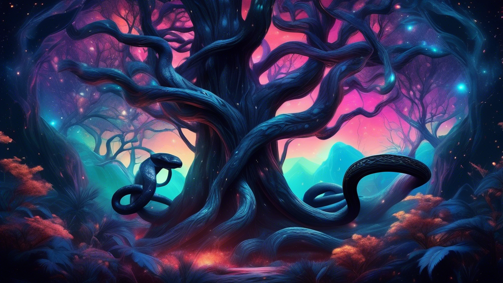 A surreal dreamscape featuring a serene forest under a starry night sky, where ethereal, translucent black snakes are elegantly weaving through the branches of ancient trees, each emitting a soft, mys