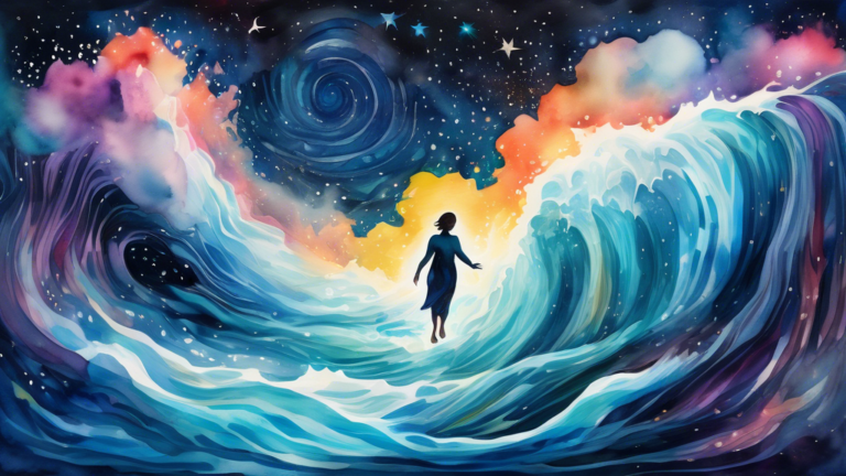 An ethereal painting of a person dreaming they are escaping a massive, surreal flood, with vivid watercolors illustrating the rushing water and the dreamer levitating above it, amidst a starry night s