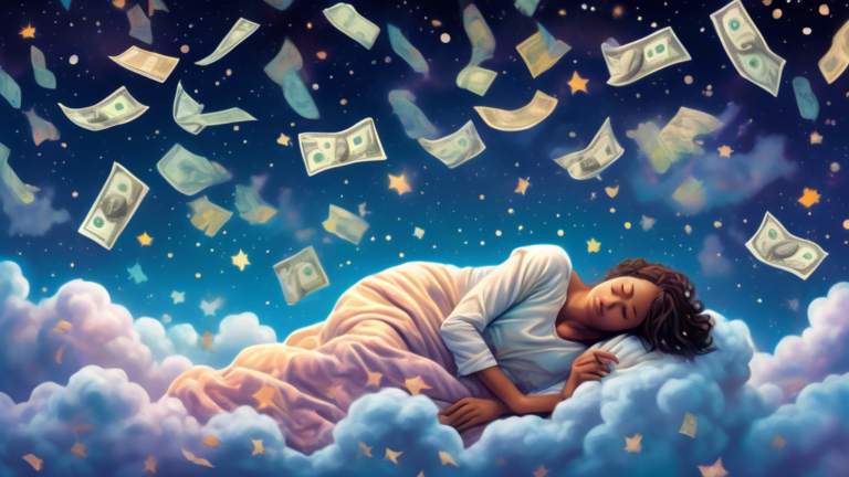 An ethereal scene of a person peacefully sleeping on a fluffy cloud, with translucent, dream-like dollar bills gently raining down around them, set against a soft, starry night sky background.