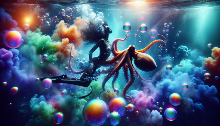 An ethereal underwater scene depicting a human and an octopus locked in a serene embrace, surrounded by a swirl of colorful dream-like bubbles and soft rays of light filtering through the ocean.