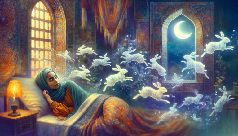 An ethereal and whimsical digital painting of a person sleeping peacefully in a cozy, warmly lit room, surrounded by gentle translucent rabbits playfully jumping and floating around, symbolizing dream