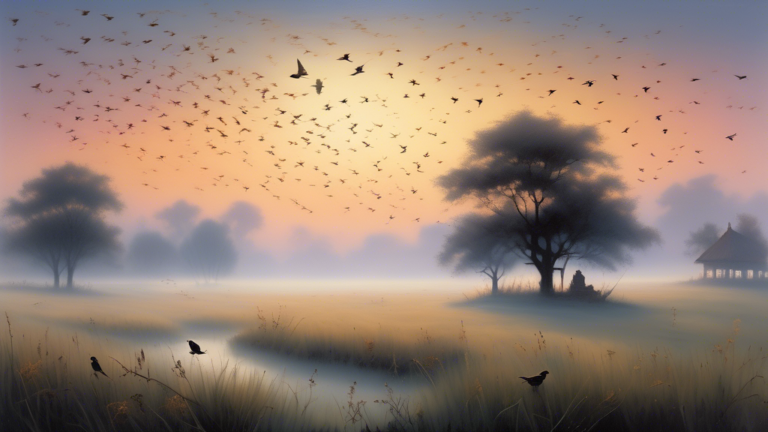 An ethereal, dream-like landscape at twilight, with silhouettes of multiple sparrows flying across a softly glowing, star-speckled sky, symbolizing freedom and hope. Delicate wisps of mist rise from a