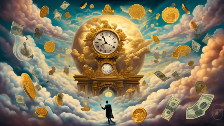An ethereal dreamscape depicting various symbols of wealth such as gold coins, dollar bills, and luxurious items floating amidst surreal clouds, with a shadowed figure in the center reaching out towar