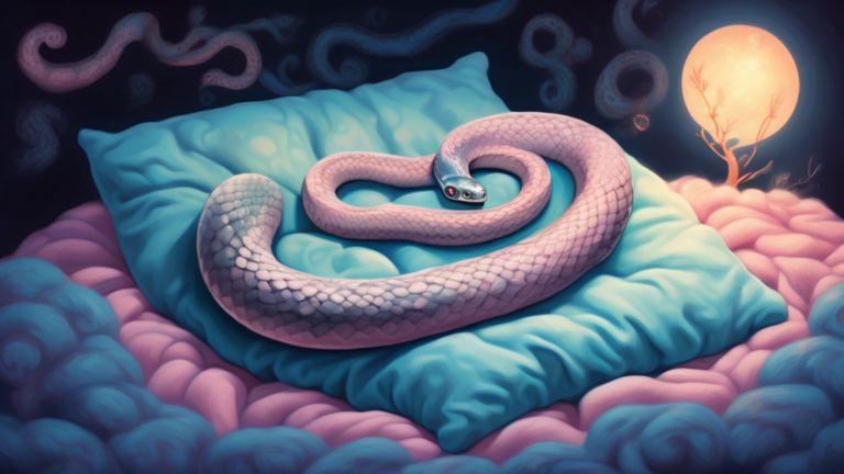 a surrealistic painting of a small, peaceful baby snake coiled up on a fluffy pillow in a moonlit bedroom, with dreamy, soft pastel colors and a transparent thought bubble showing symbols of growth an