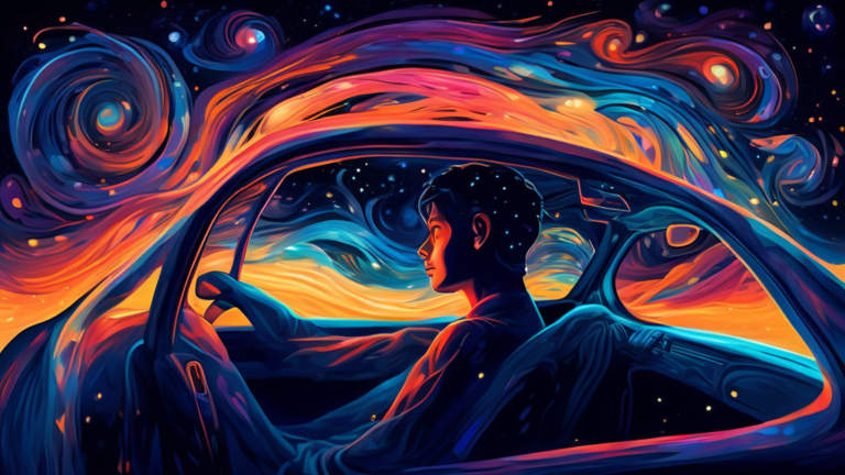 A surreal dream-like digital painting of a person asleep in the passenger seat of a gently glowing, ethereal car, with abstract swirls and elements symbolizing thoughts and fears floating around the c