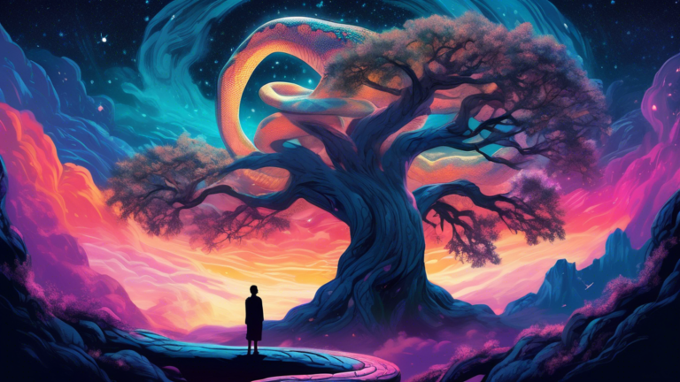 An ethereal dreamscape with a giant, translucent python gracefully coiled around an ancient, mystical tree under a starlit sky, with a silhouette of a person gazing in awe.
