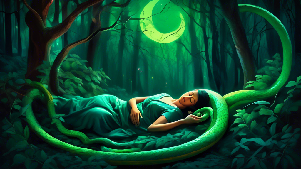 A surreal and vibrant digital painting of a person peacefully sleeping in a moonlit forest, with a translucent green snake gently spiraling around them, symbolizing mysterious dream interpretation ele