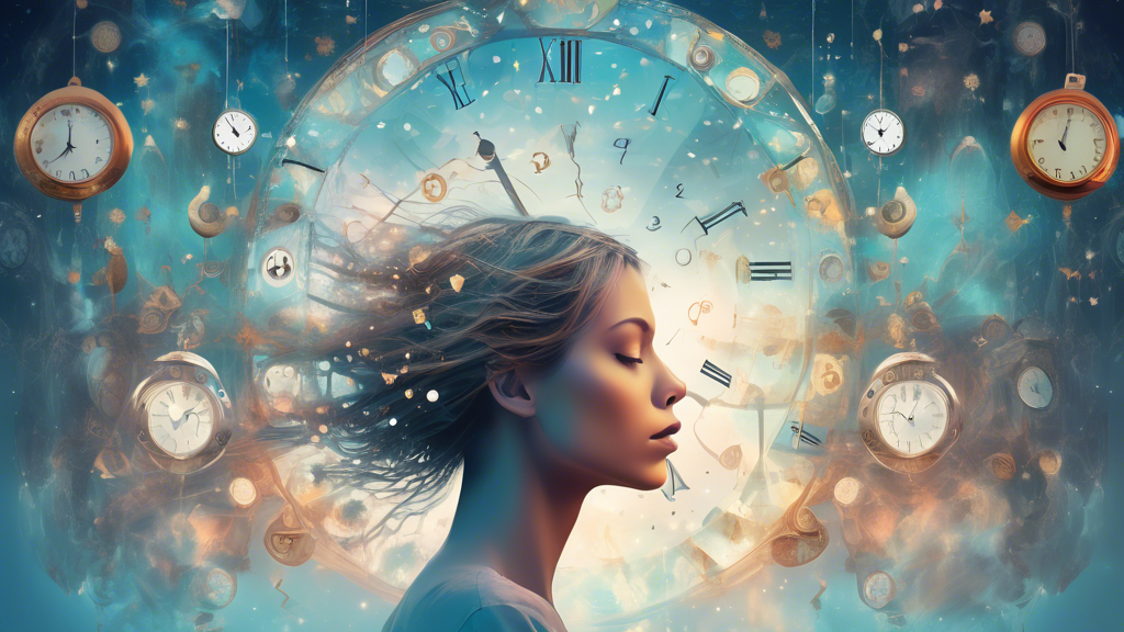 An ethereal and surreal digital artwork depicting a person gradually vanishing into a misty, starlit sky, surrounded by symbols of clocks and fragmented mirrors, reflecting the concept of time and ide