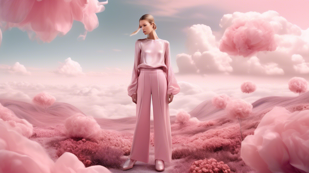 Create a surreal, fashion-forward scene where a model with ethereal, floating qualities wears oversized, shimmering pink pants. The background is a dreamy landscape with soft clouds and pastel-colored