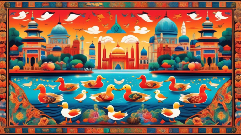 A vibrant tapestry depicting an array of ducks from different cultures, each embellished with traditional motifs and symbols, set against a backdrop of iconic global landmarks.