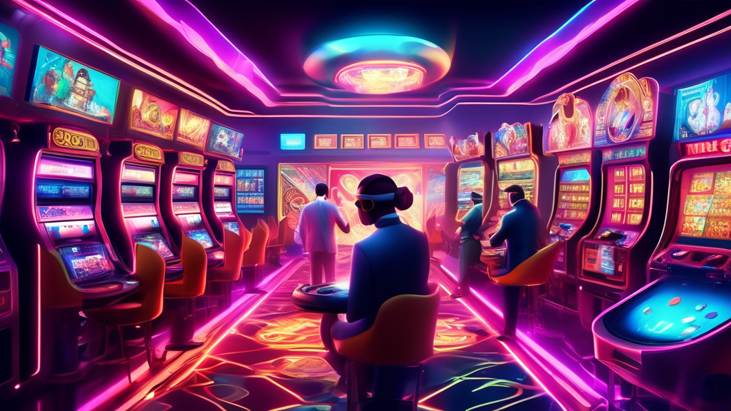 An ultra-modern and vibrant virtual reality casino scene, bustling with animated avatars of diverse players engaged in various games like slots, roulette, and poker, underneath glowing neon lights and