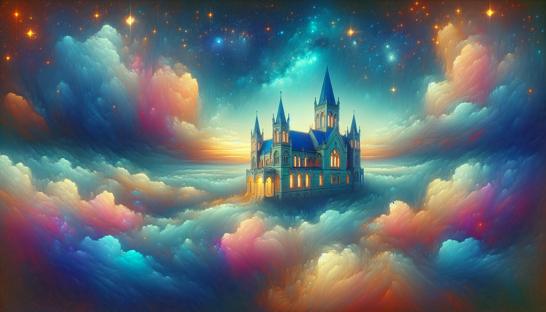 An ethereal and surreal painting of a Royal Funeral Home set in a dreamlike landscape, with a majestic, castle-like architecture, surrounded by soft, misty clouds and a serene, starry night sky, refle