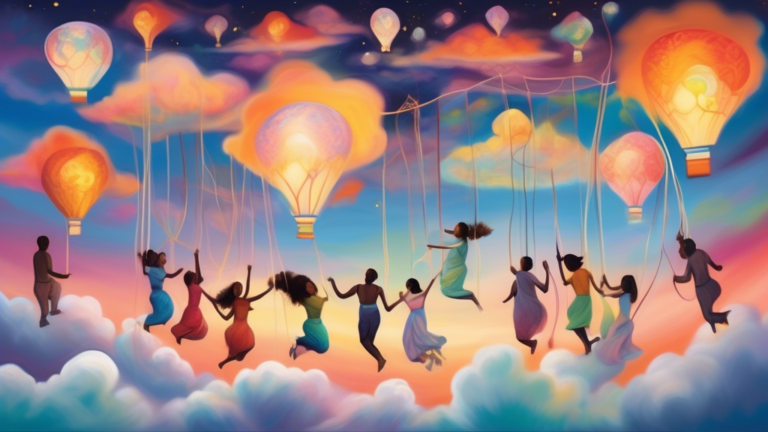 A whimsical, surrealistic painting of diverse people of various ethnicities floating gently on dreamy, colorful clouds over a serene landscape, each connected by a delicate, glowing string of light, s