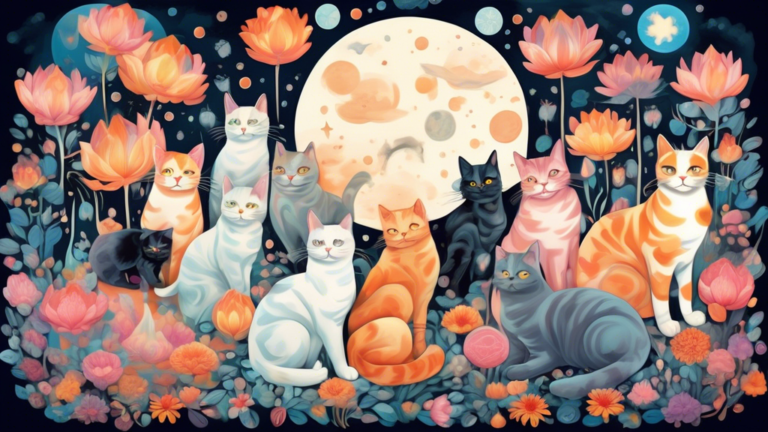 An ethereal, surreal landscape filled with a variety of cats of different breeds and sizes, each with a unique pattern, floating amongst dreamy clouds and vibrant, oversized moonflowers under a softly